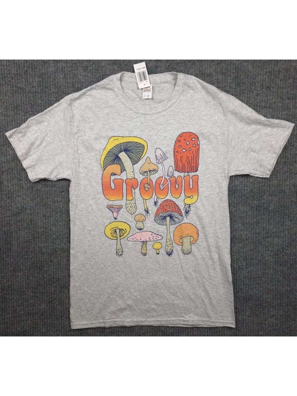 NWT Retro Groovy Mushroom Graphic T-Shirt Gray Men's S Cottagecore Hippie Unisex